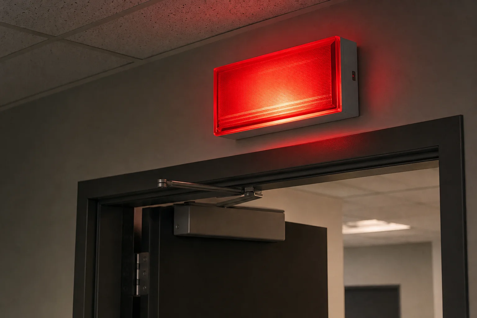 Illuminated red exit sign glowing above a commercial building doorway during a safety inspection