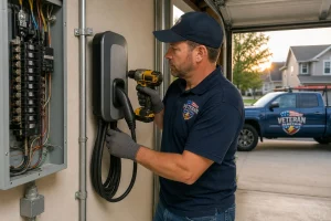Veteran Electric technician installing a home EV charger to keep the ev charger installation cost transparent for a Kansas City homeowner