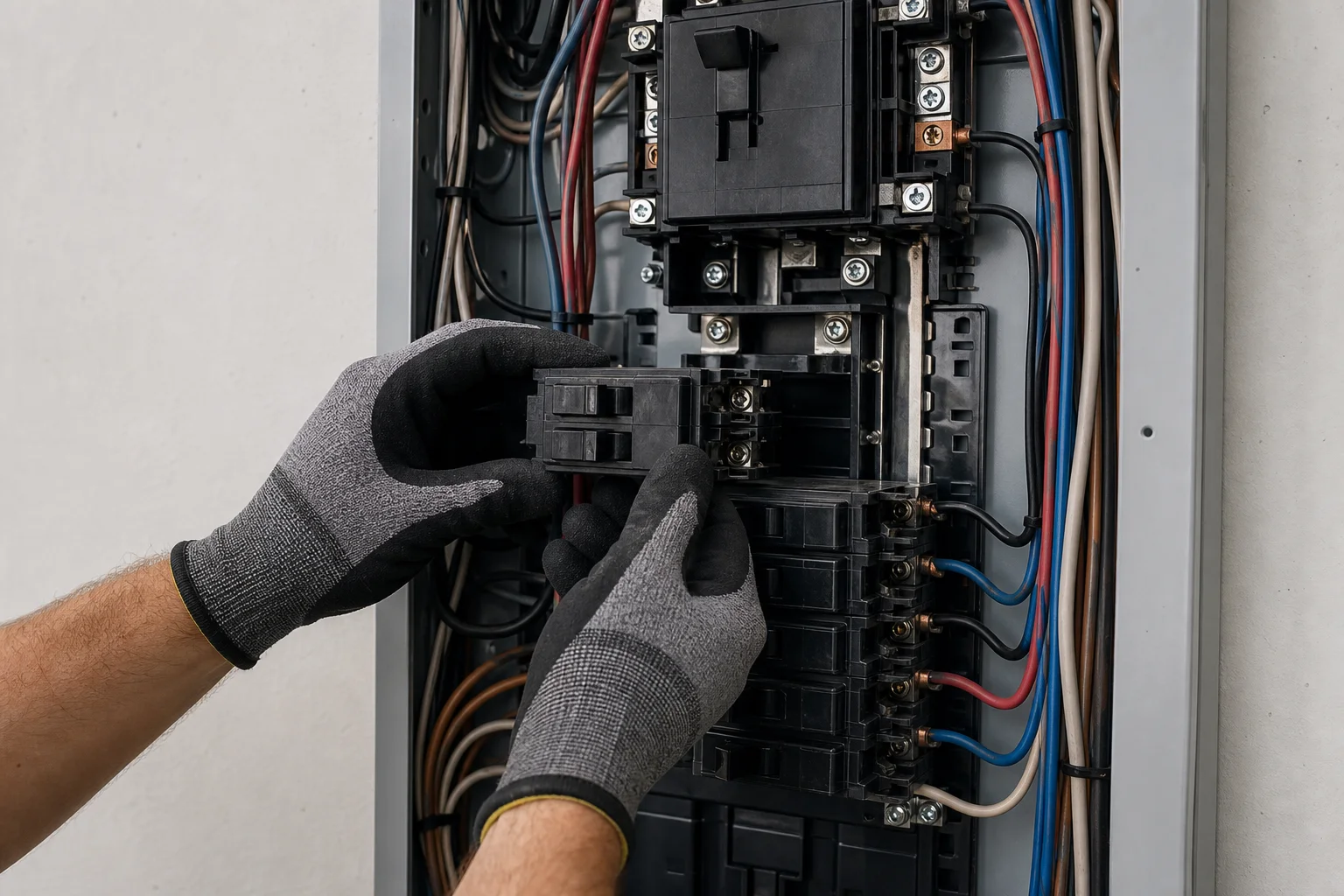 Licensed Kansas City electrician upgrading a home electrical panel for EV charger installation