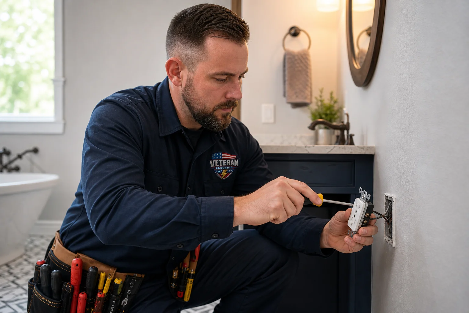 Licensed Veteran Electric electrician installing a GFCI outlet, illustrating GFCI outlet installation cost in Kansas City