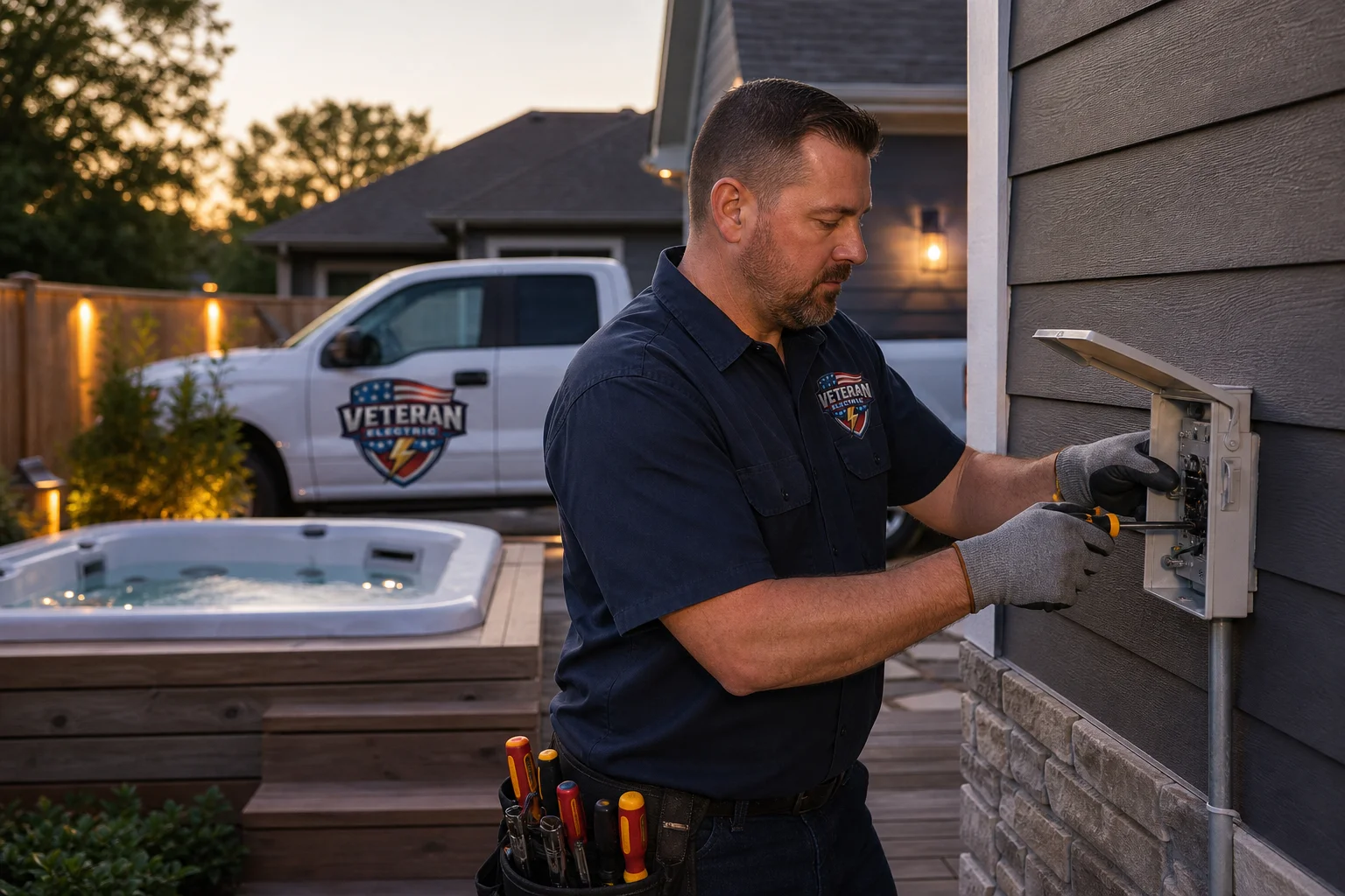 Licensed electrician installing hot tub electrical wiring and GFCI disconnect in a Kansas City backyard