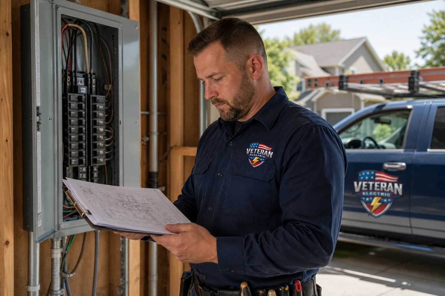 Licensed electrician reviewing how to get an electrical permit in Kansas City paperwork beside an open home electrical panel