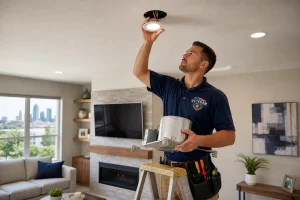 Licensed electrician performing recessed lighting installation in a Kansas City living room ceiling