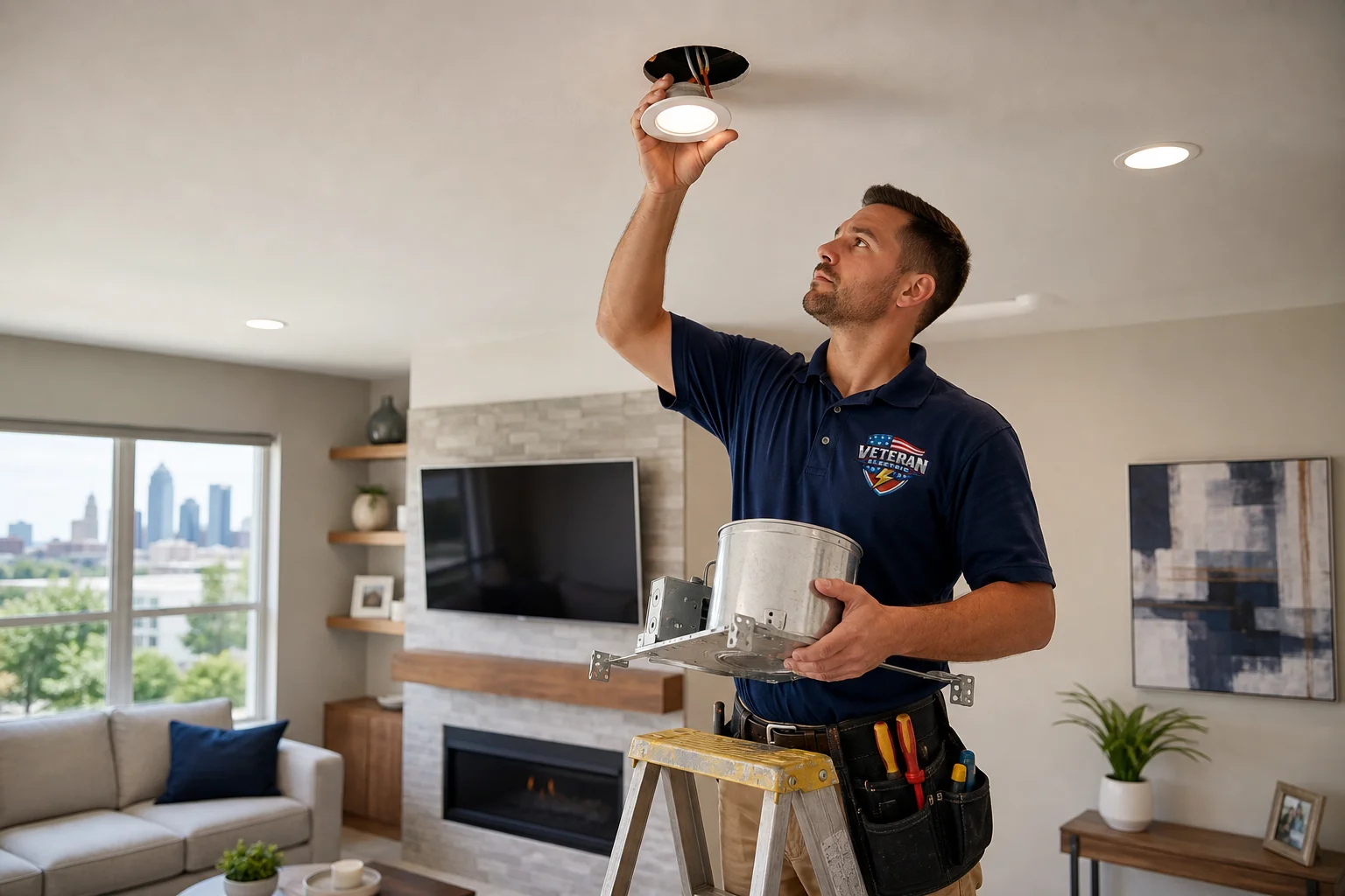 Licensed electrician performing recessed lighting installation in a Kansas City living room ceiling