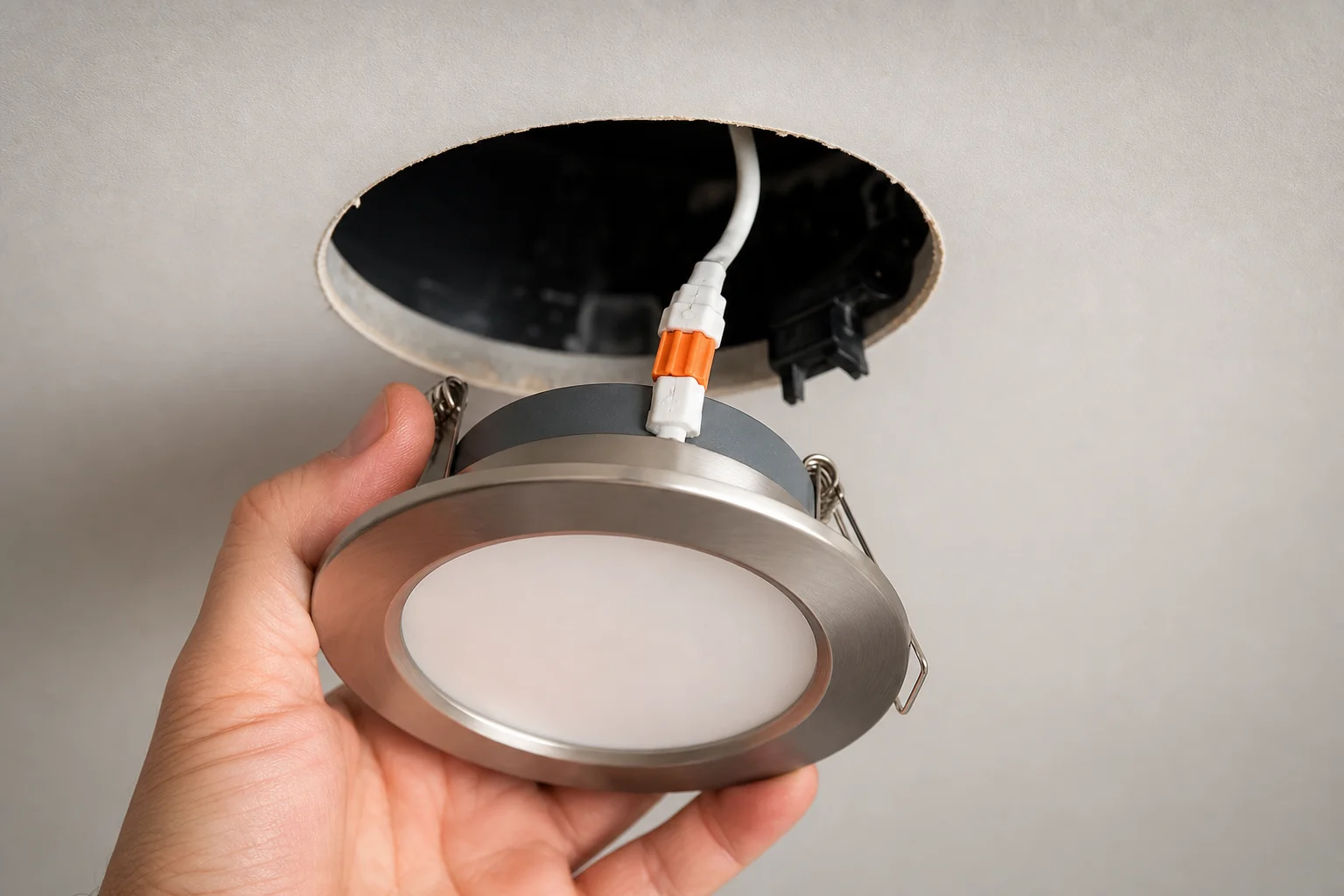 Close-up of a licensed electrician installing an LED recessed light fixture into a Kansas City home ceiling