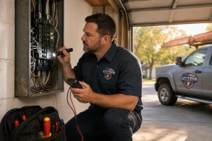 Veteran Electric technician inspecting an outdated breaker box, one of the clear signs you need an electrical panel upgrade