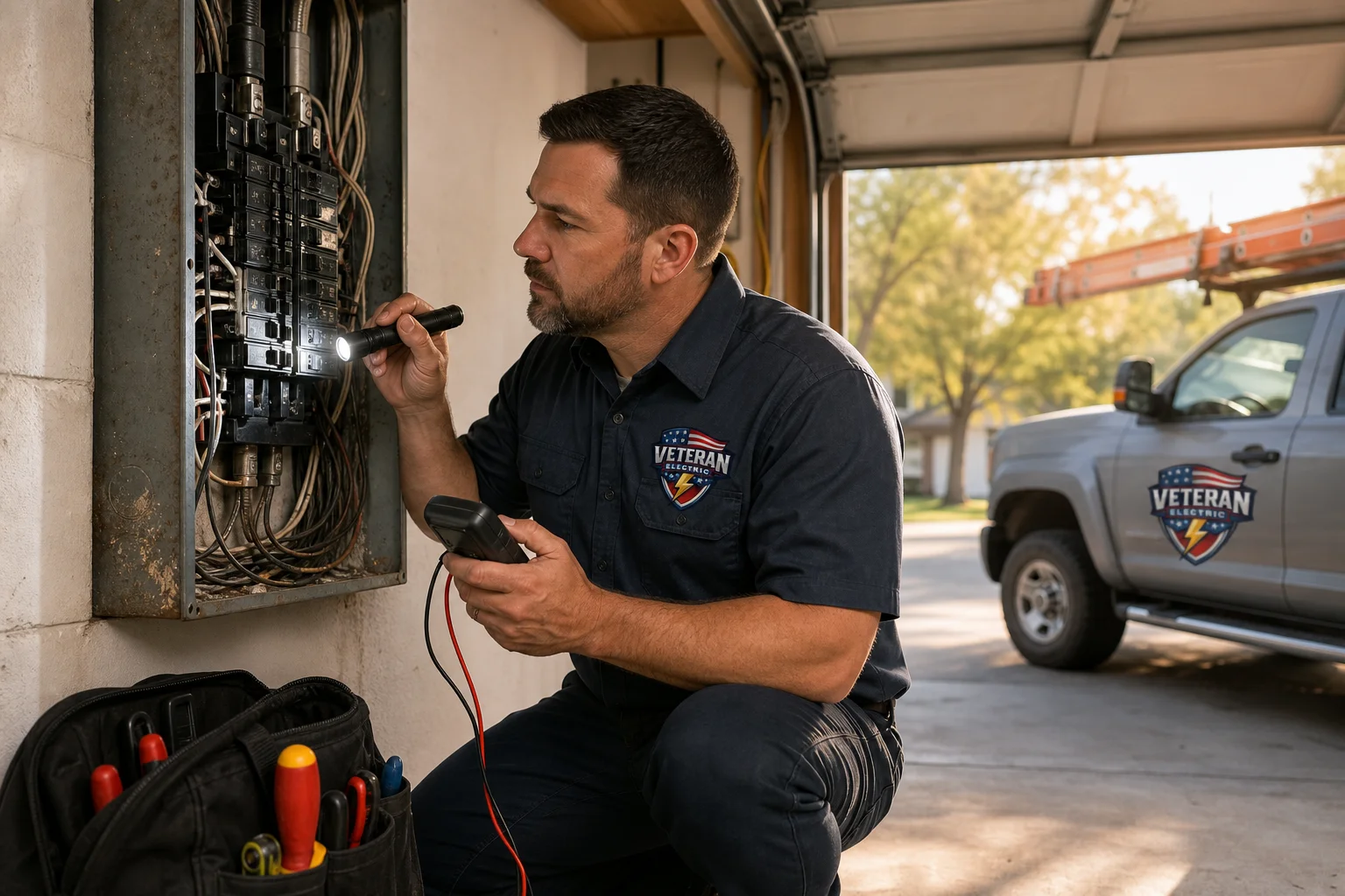 Veteran Electric technician inspecting an outdated breaker box, one of the clear signs you need an electrical panel upgrade