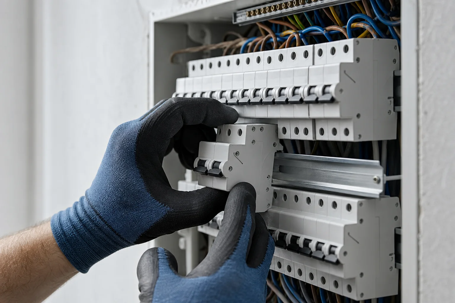 Close-up of new circuit breakers being installed during a residential electrical panel upgrade