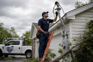 Licensed electrician inspecting storm damage to a service mast and weatherhead on a Kansas City home