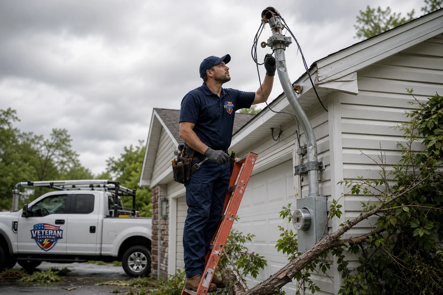 Licensed electrician inspecting storm damage to a service mast and weatherhead on a Kansas City home