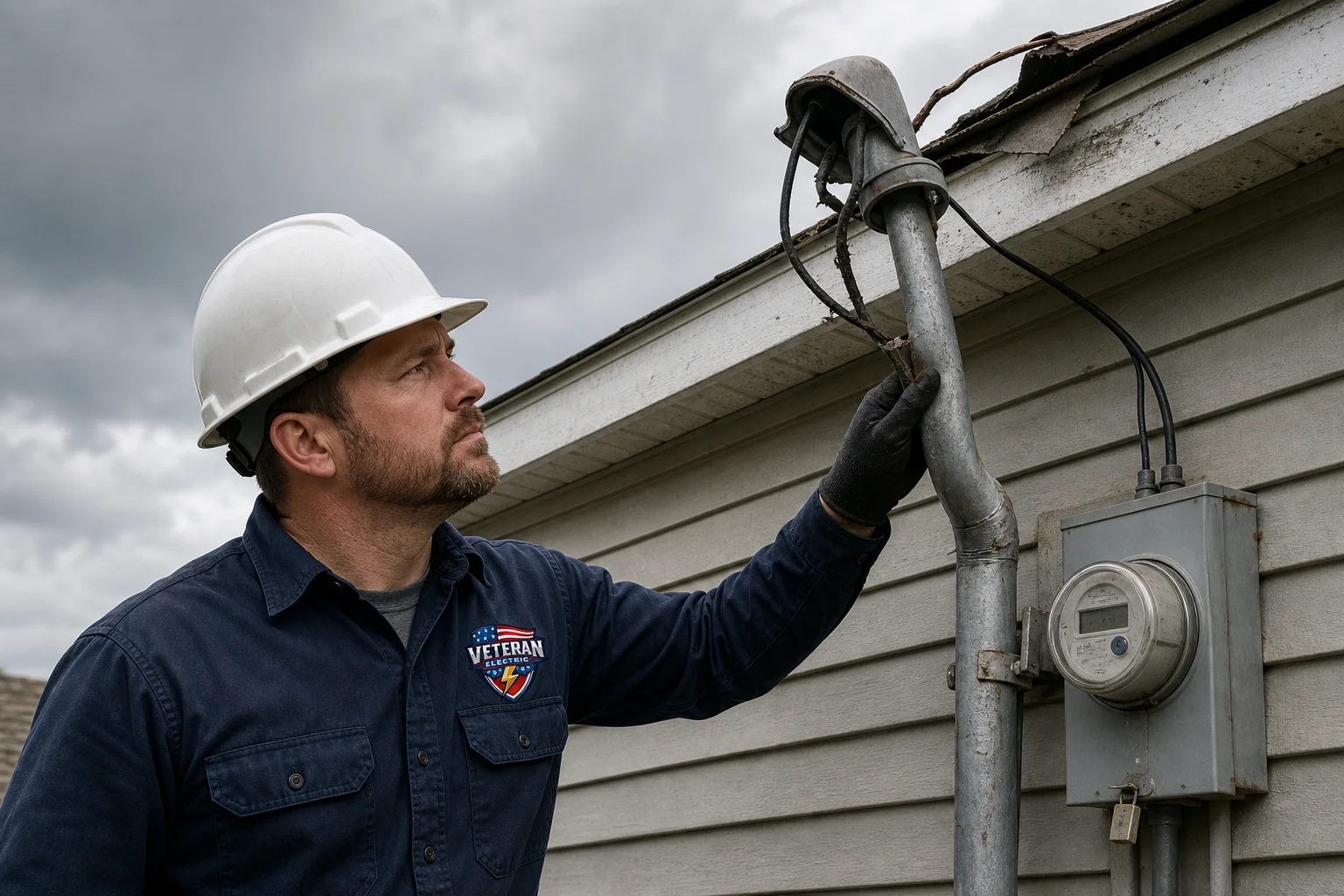 Kansas City electrician inspecting a storm damaged service mast and weatherhead on a house