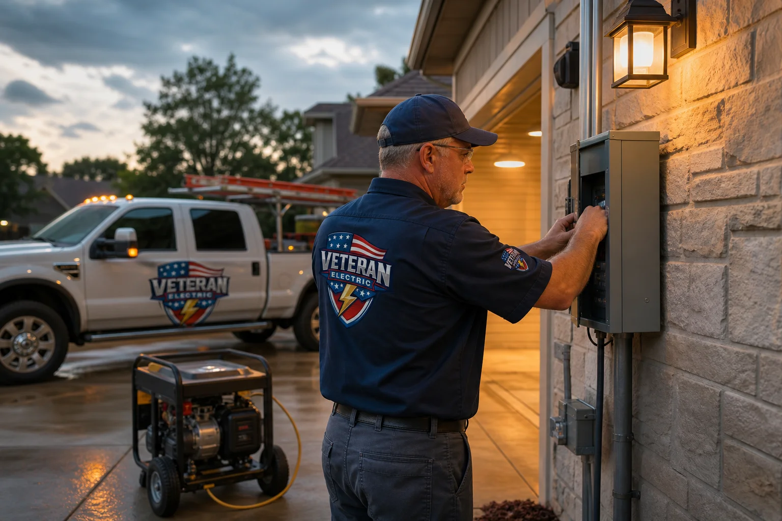 Veteran electrician installing an automatic transfer switch for a home generator in Kansas City