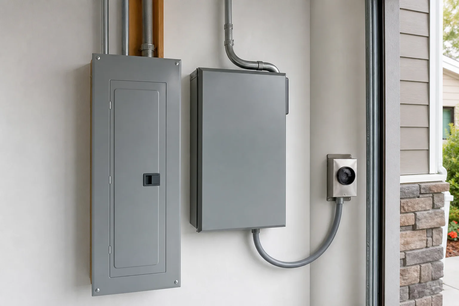 A licensed electrician inspecting an automatic transfer switch mounted beside a home's main electrical panel