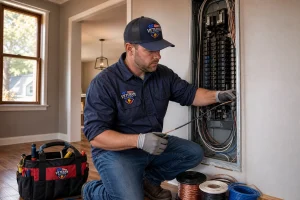 Licensed electrician performing a whole house rewiring project on an electrical panel, illustrating how much does it cost to rewire a house in Kansas City