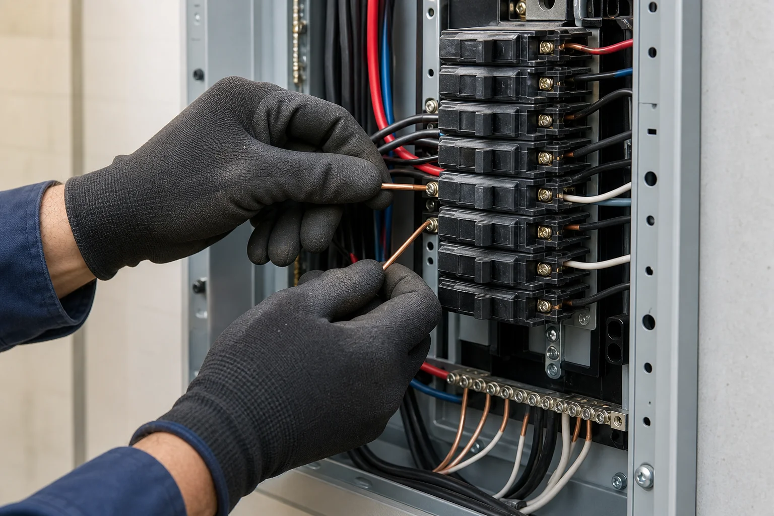 Licensed electrician inspecting an open electrical panel and wiring during a home rewiring project in a Kansas City house