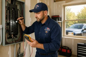 Licensed Veteran Electric electrician performing a home electrical inspection on a Kansas City panel