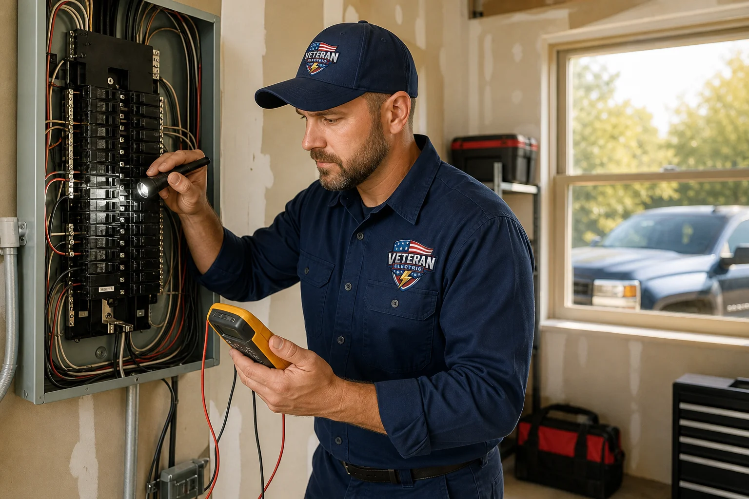 Licensed Veteran Electric electrician performing a home electrical inspection on a Kansas City panel