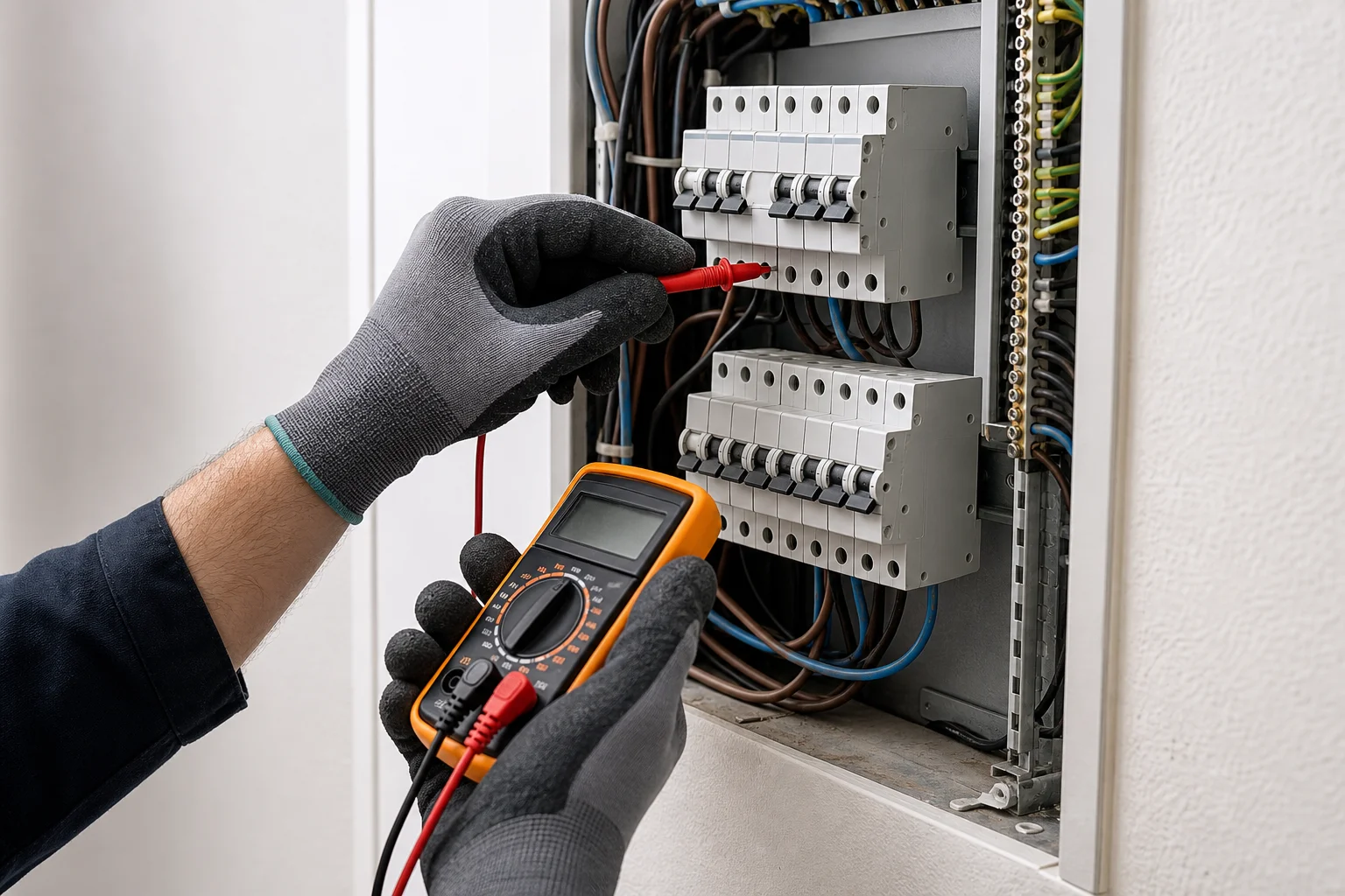 Electrician's hands testing breakers inside an open panel during a Kansas City electrical inspection