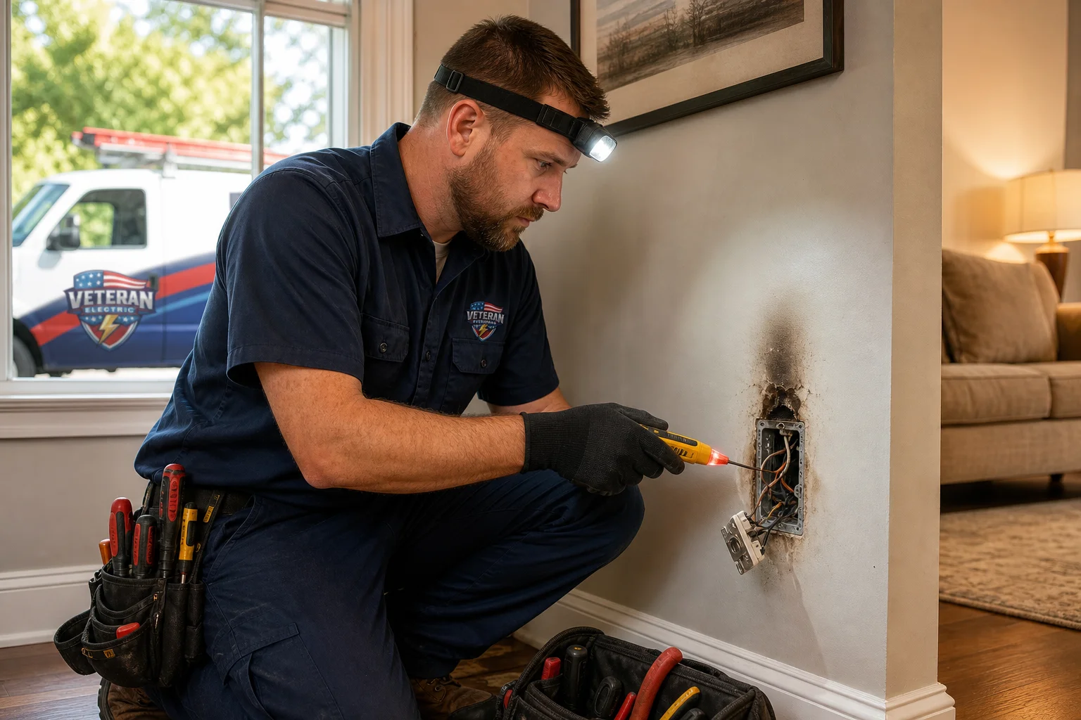 Licensed electrician checking a burning smell or hot outlet in a Kansas City living room
