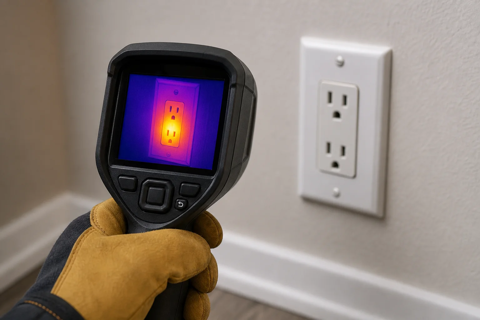 Gloved hand using an infrared thermal camera to check a wall outlet for heat