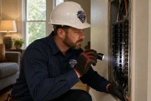 Veteran Electric technician inspecting Federal Pacific, Zinsco and Challenger panels inside a Kansas City home electrical closet