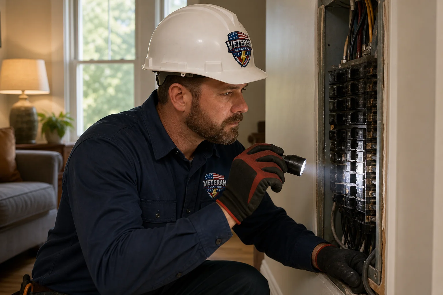 Veteran Electric technician inspecting Federal Pacific, Zinsco and Challenger panels inside a Kansas City home electrical closet