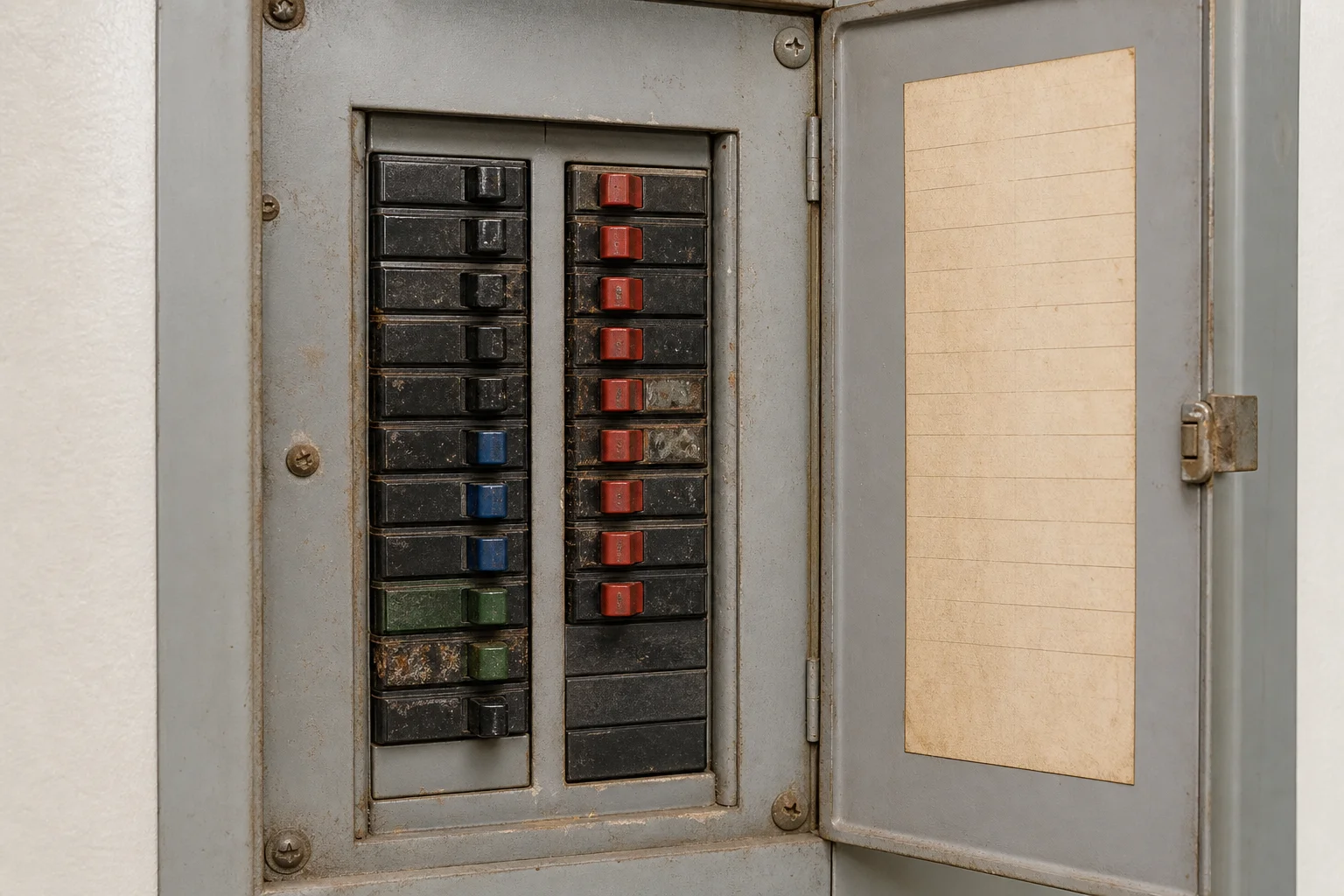 Close-up of an aging Zinsco electrical panel with corroded breakers before replacement
