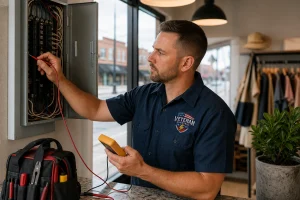 Veteran Electric technician inspecting an electrical panel during a fire and code inspection in a small KC commercial space