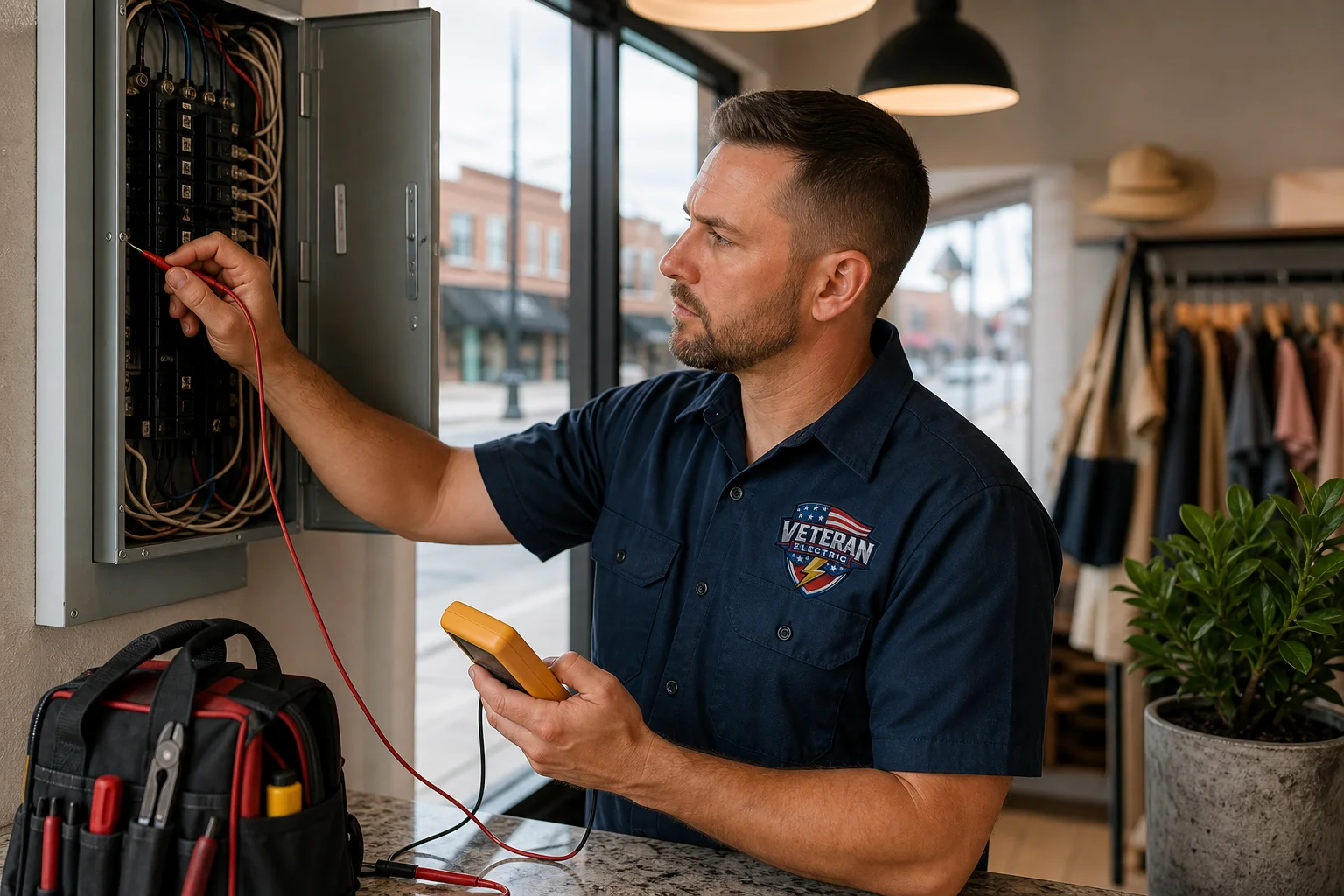 Veteran Electric technician inspecting an electrical panel during a fire and code inspection in a small KC commercial space