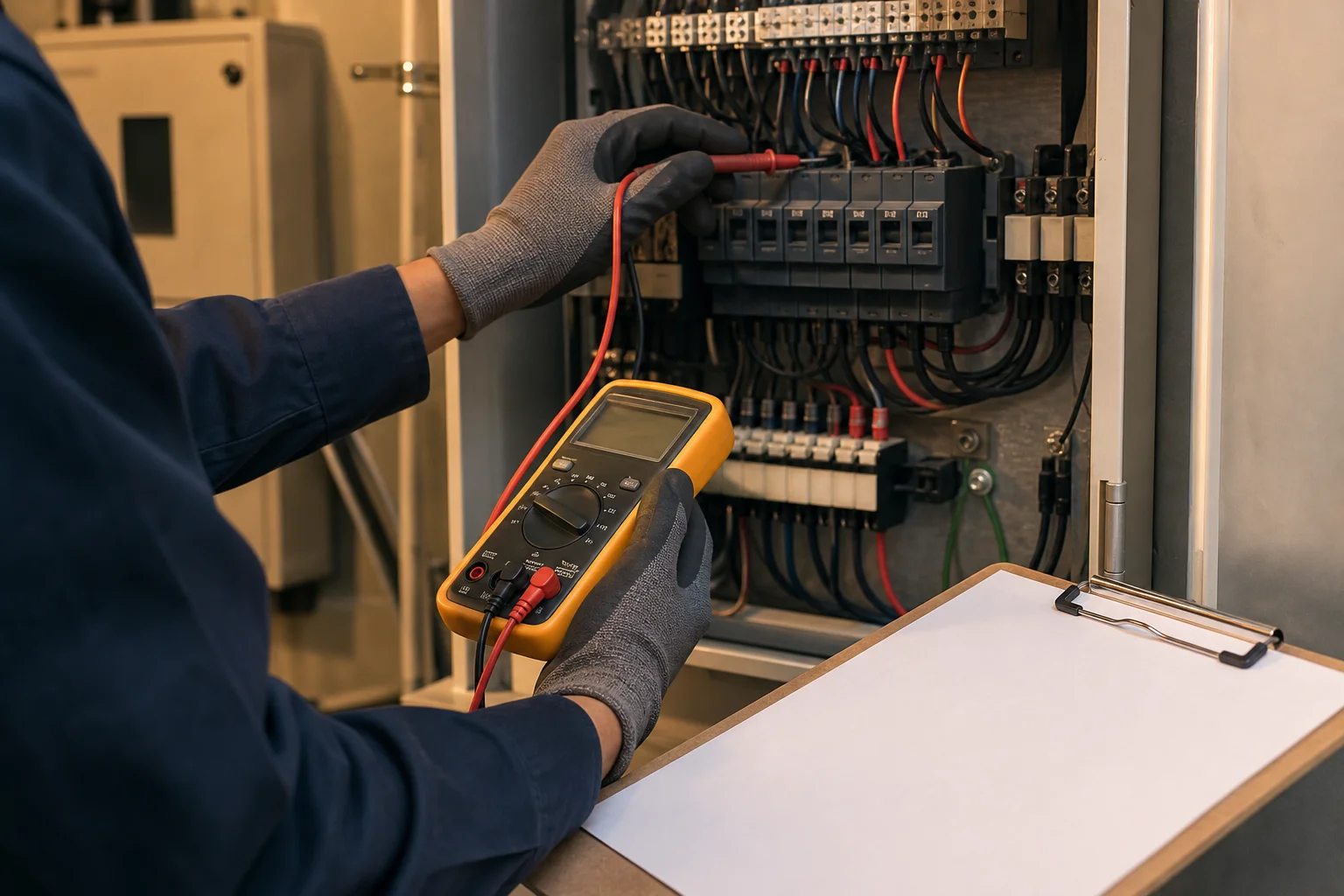 Licensed electrician inspecting an electrical panel during a code and fire safety walkthrough in a small KC commercial space