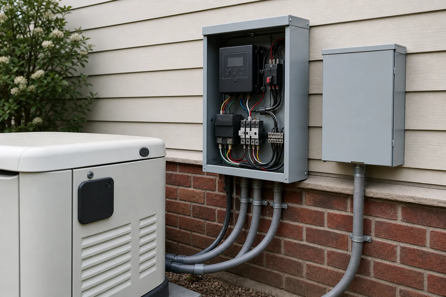 Close-up of a home standby generator control panel wired to an automatic transfer switch on an exterior wall