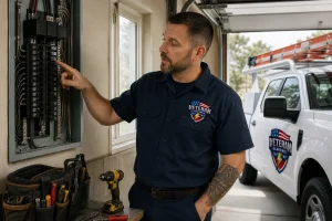 Veteran Electric electrician examining an open 200 amp panel to check how many circuits it can hold