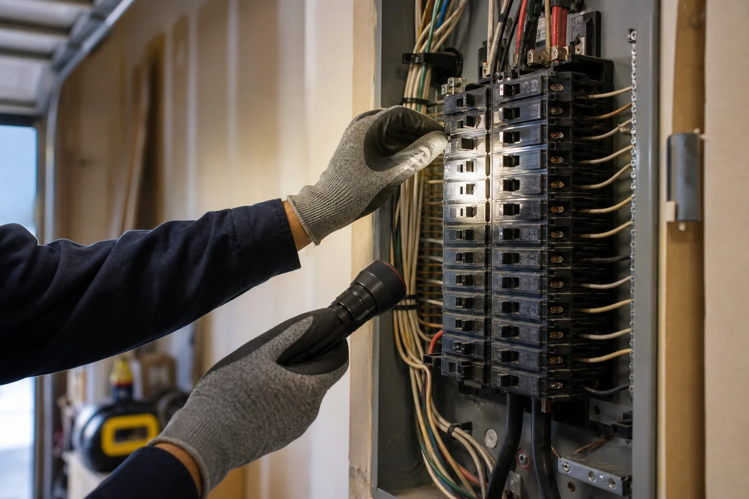 Electrician's hands inspecting breaker rows inside an open home electrical panel