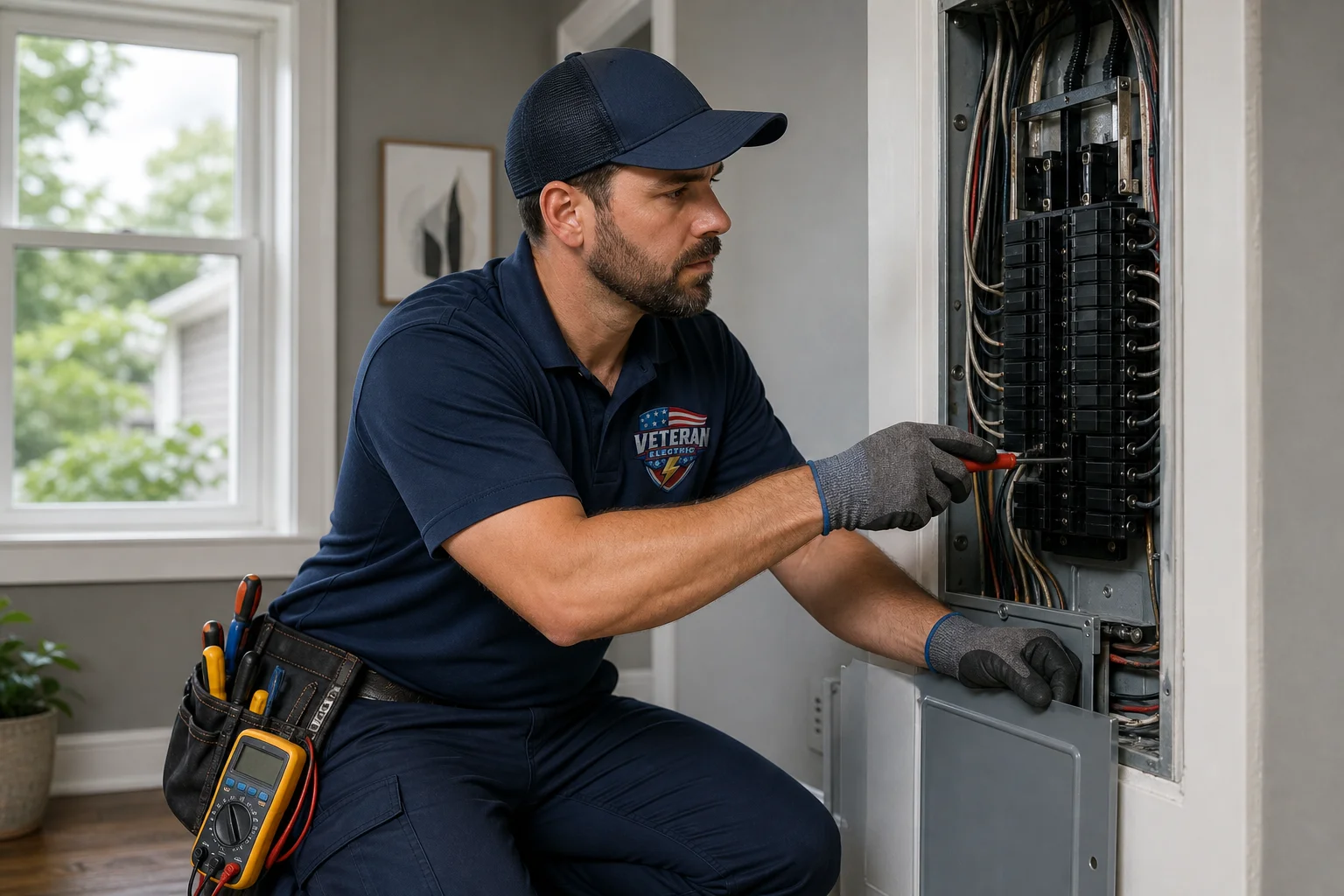Licensed electrician replacing an old panel after an insurer flagged the fuse box or panel in a Kansas City home