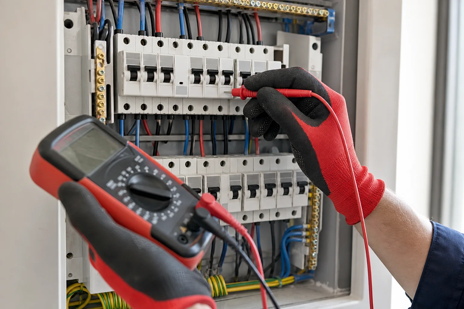 A licensed electrician inspecting an open electrical panel in a Kansas City home, checking circuit breakers