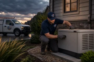 Veteran Electric technician installing a standby generator to prepare a Kansas City home for the next power outage