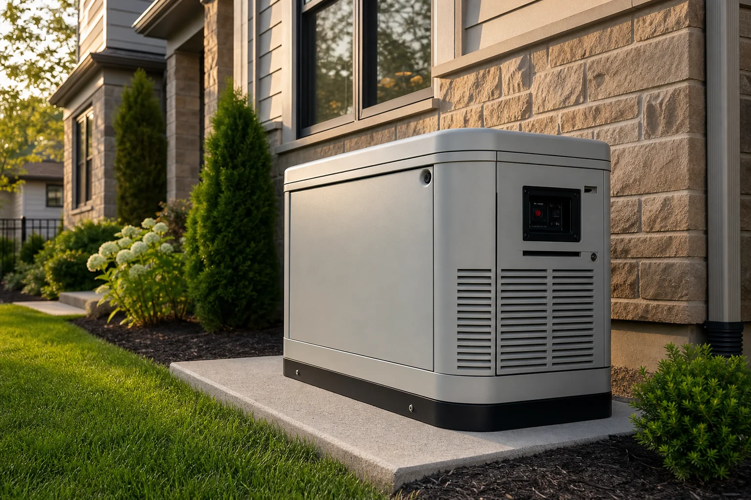 Whole-home standby generator installed beside a Kansas City house during a storm