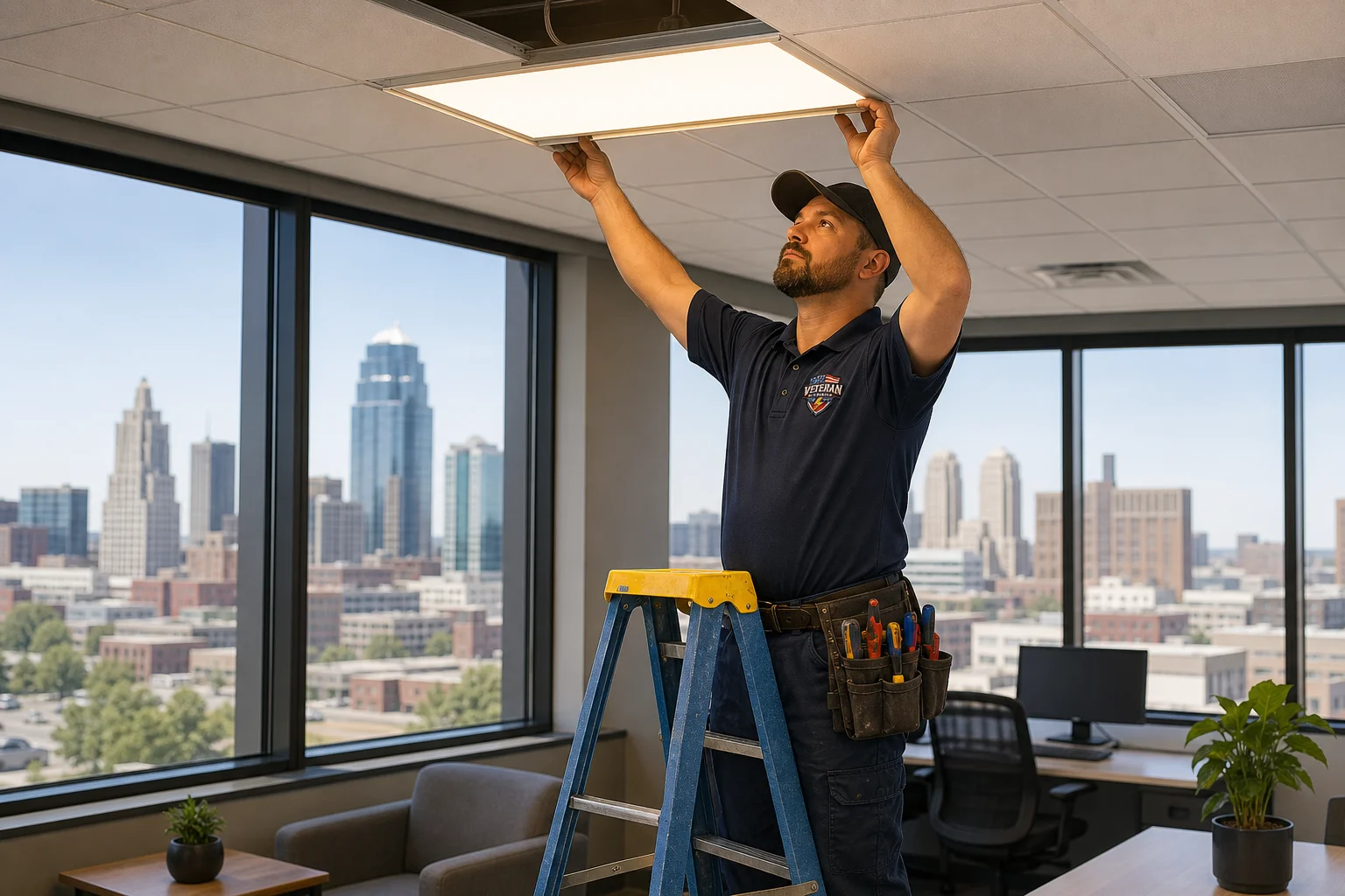 Licensed Kansas City electrician performing an LED lighting retrofit on a commercial ceiling grid
