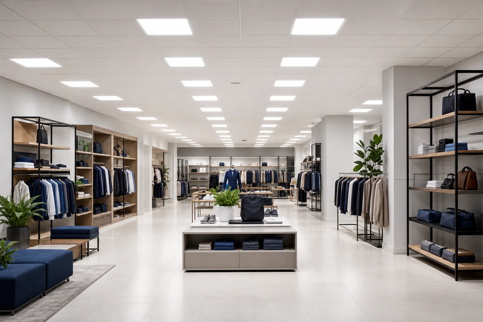 Rows of bright LED panel lights illuminating a Kansas City commercial retail interior after retrofit