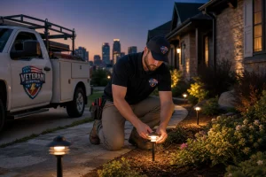 Veteran Electric electrician installing outdoor lighting fixtures in a Kansas City front yard at dusk