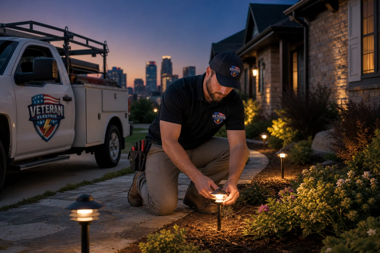 Veteran Electric electrician installing outdoor lighting fixtures in a Kansas City front yard at dusk
