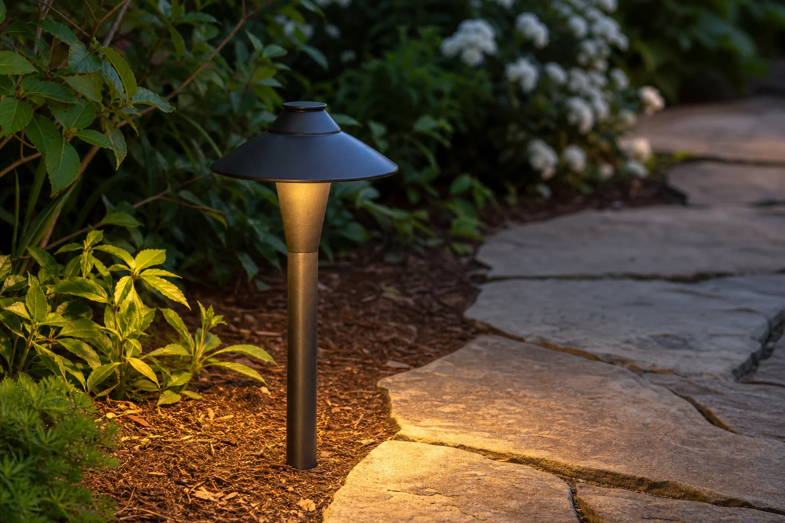Low-voltage landscape light fixture glowing along a garden pathway at dusk in a Kansas City yard