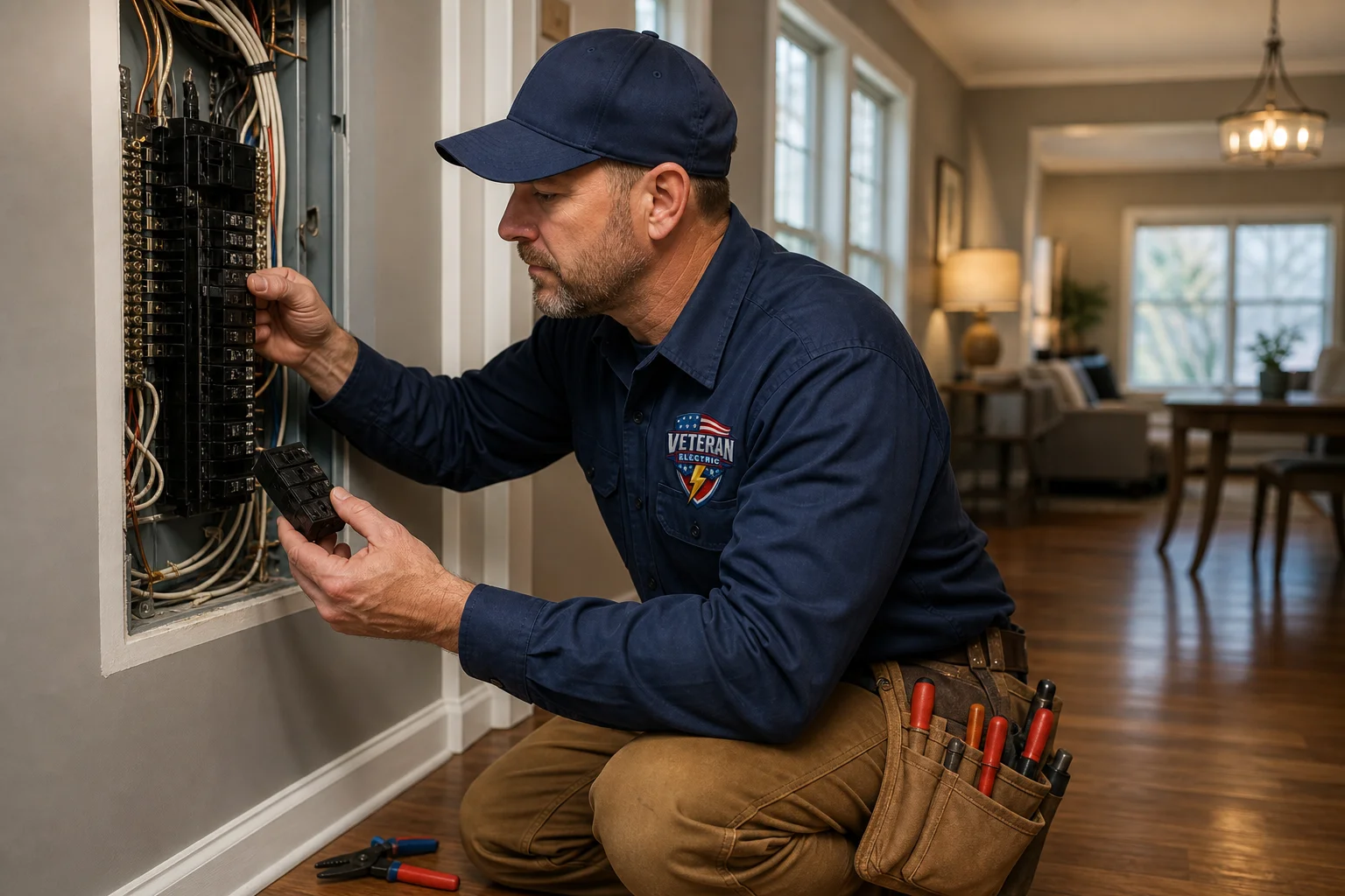 Licensed electrician installing a new circuit breaker in a home panel to add an outlet or circuit in Kansas City