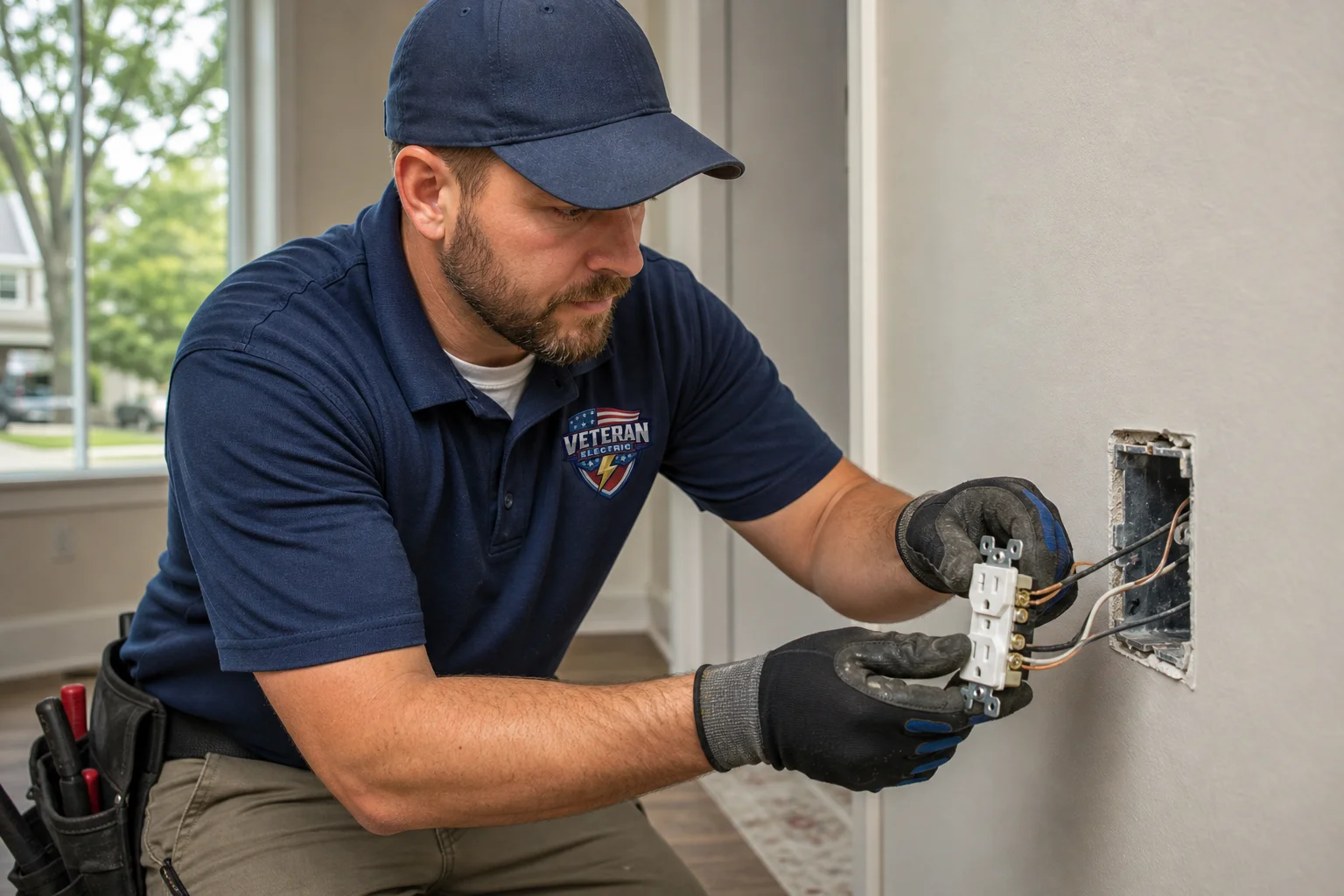 Licensed electrician evaluating a home's electrical panel before adding a new outlet or circuit