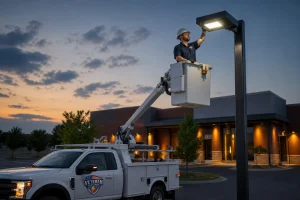 Veteran Electric technician installing parking lot and building exterior lighting for a KC business at dusk