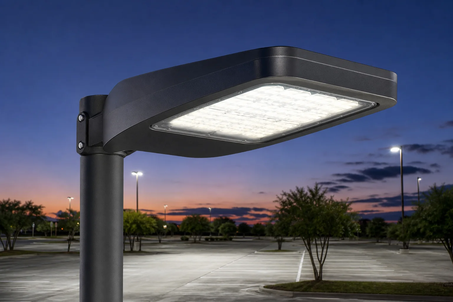 Electrician installing an LED fixture on a parking lot light pole outside a Kansas City business