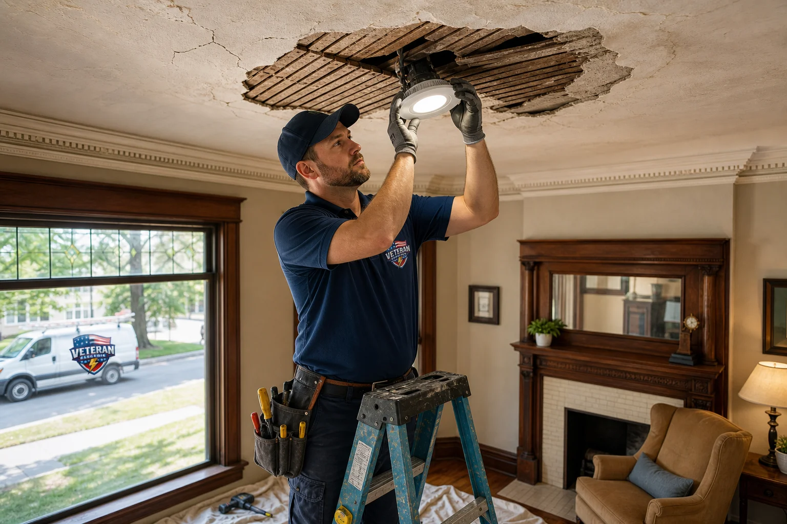 Licensed electrician installing recessed lighting into a plaster and lath ceiling in an older KC home