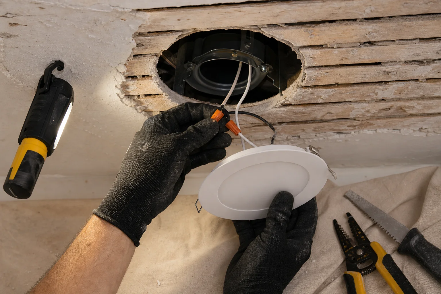 Electrician cutting a round opening for a new recessed light into an old plaster and lath ceiling