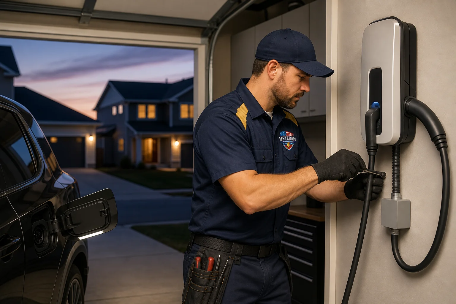 Veteran Electric technician installing a Tesla Wall Connector style EV charger in a Kansas City garage