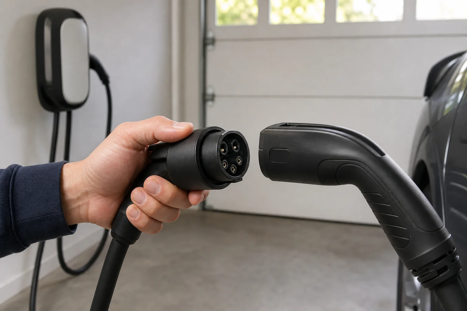 Close-up of a J1772 adapter connecting an EV charger handle in a garage